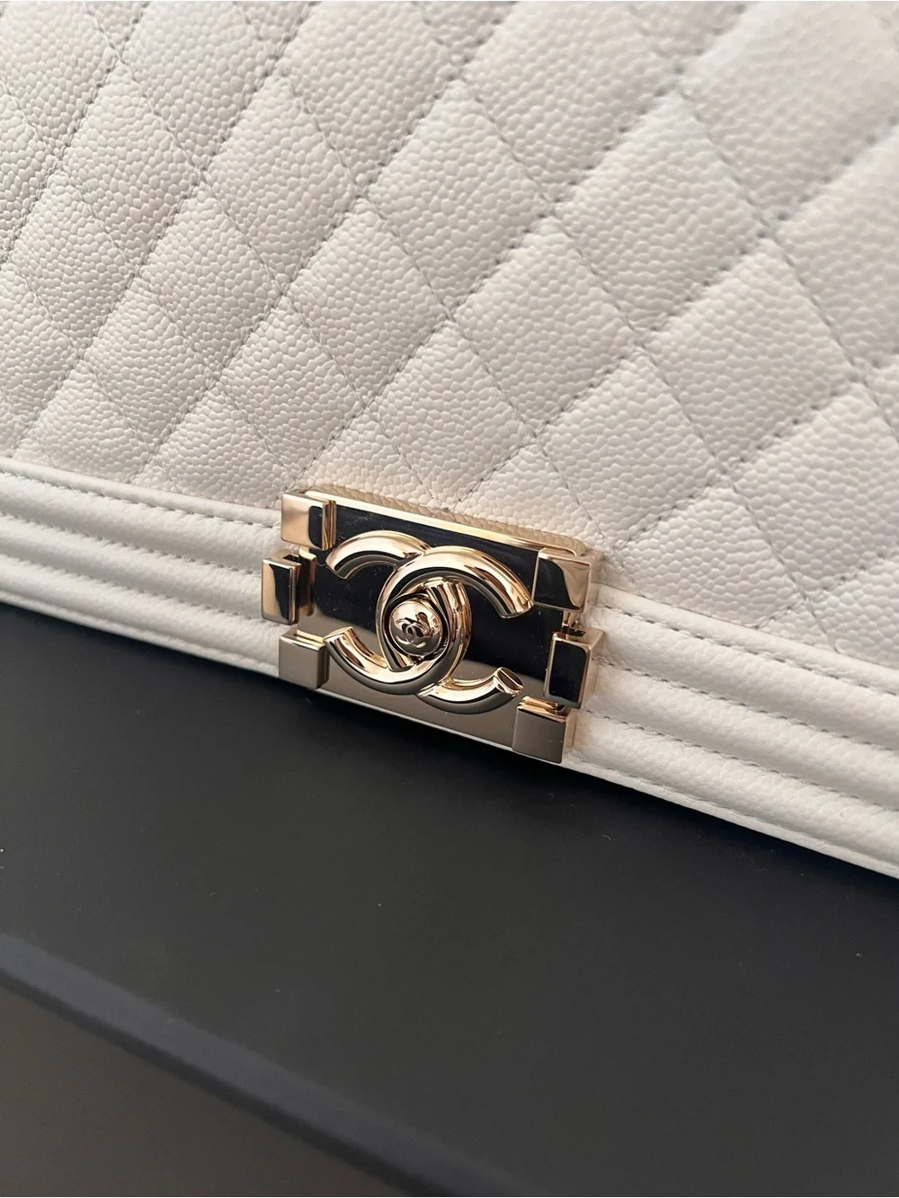 Chanel Caviar White Medium Boy Bag with Champagne Gold Hardware